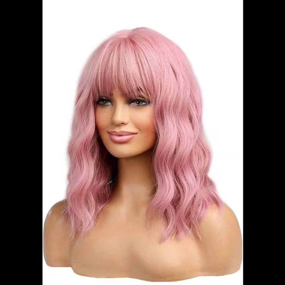 Soft Wavy Pink Women's Wig with Bangs - Fashionable Everyday Style